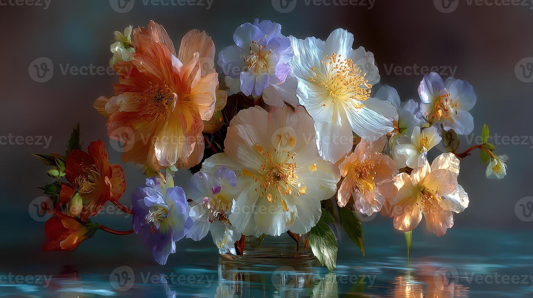Vibrant floral arrangement in soft colors placed in a clear vase on a reflective surface photo