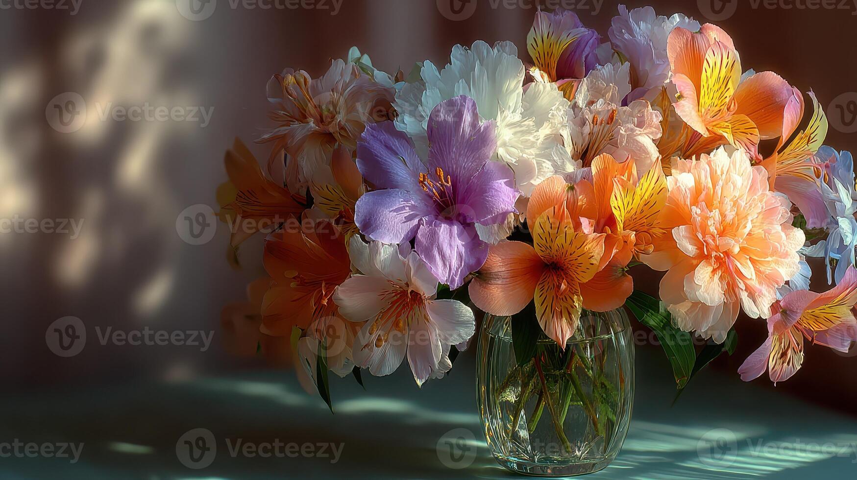 Beautiful floral arrangement featuring colorful lilies and alstroemerias in a glass vase on a soft background photo