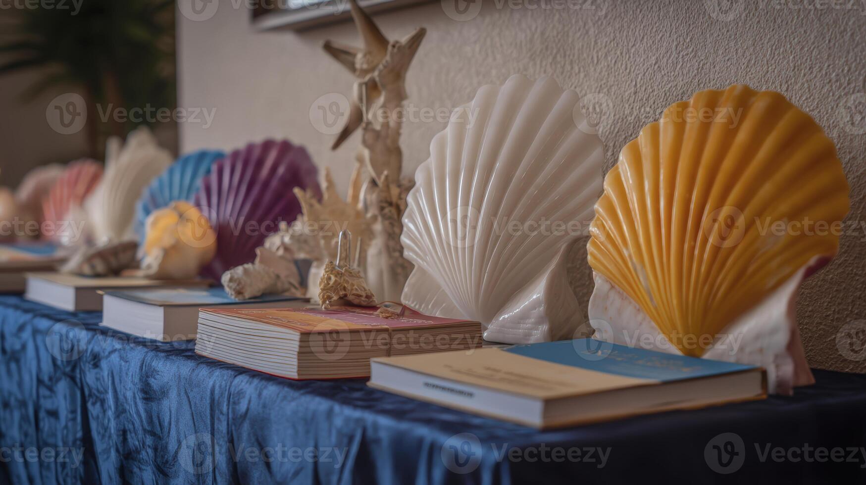 Colorful Seashells and Books on Navy Blue Table photo