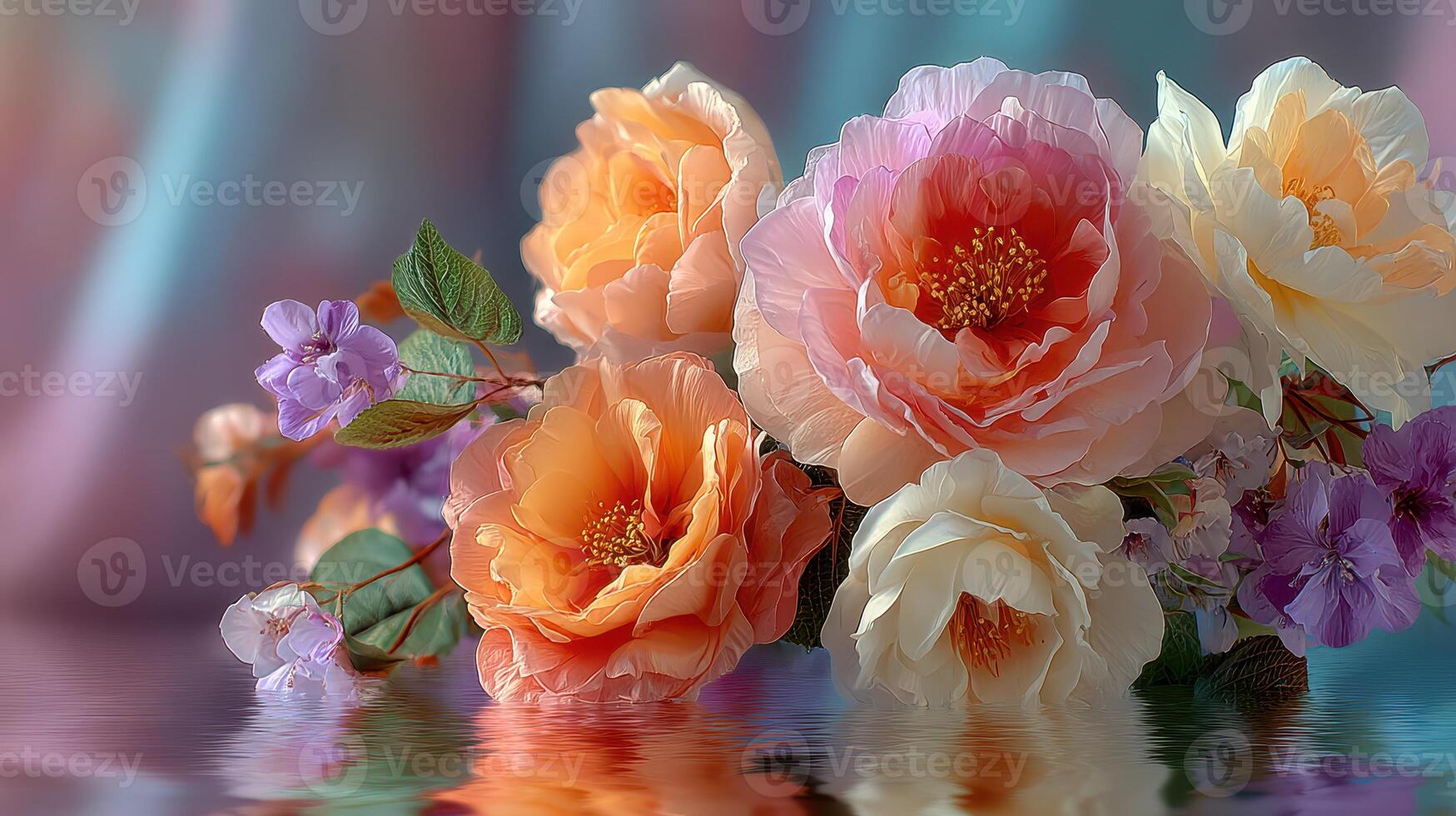Colorful floral arrangement showcasing roses and violets with a soft fabric background in tranquil settings photo