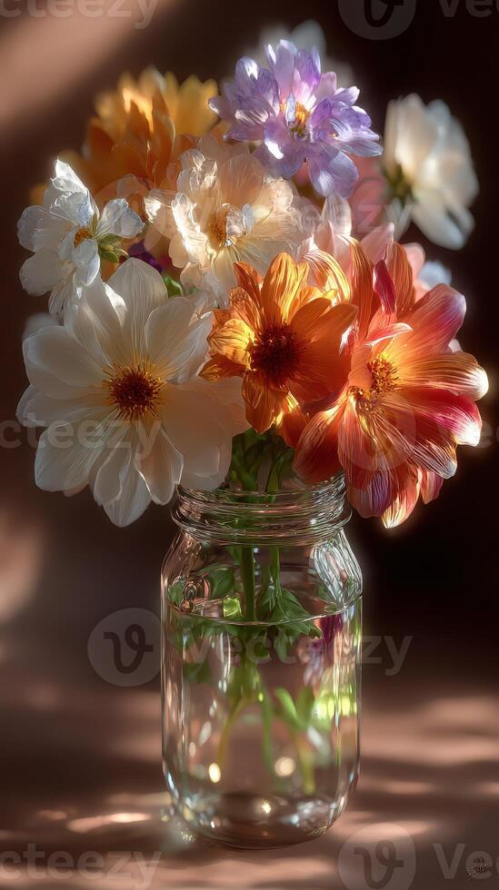 Bright floral arrangement in a glass jar with various blooms showcasing vibrant colors indoors photo