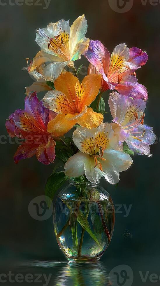 Colorful bouquet of mixed flowers in a glass vase against a softly blurred background photo