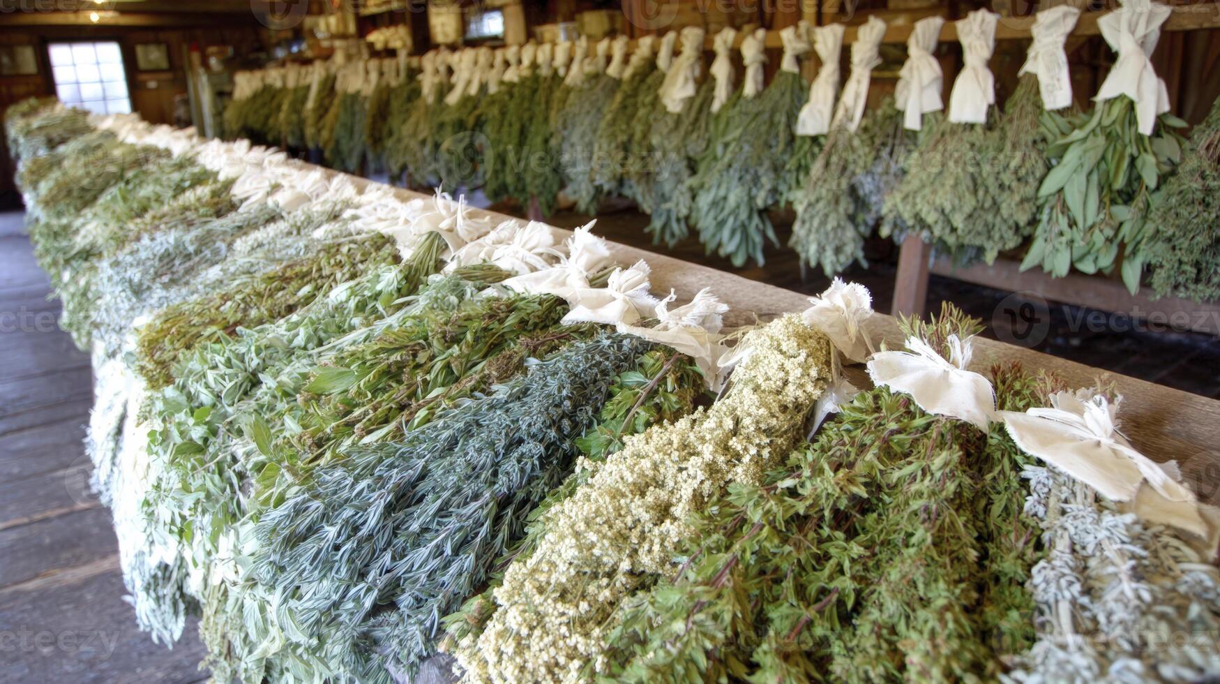 Drying Herbs and Plants Hanging in Rustic Setting photo