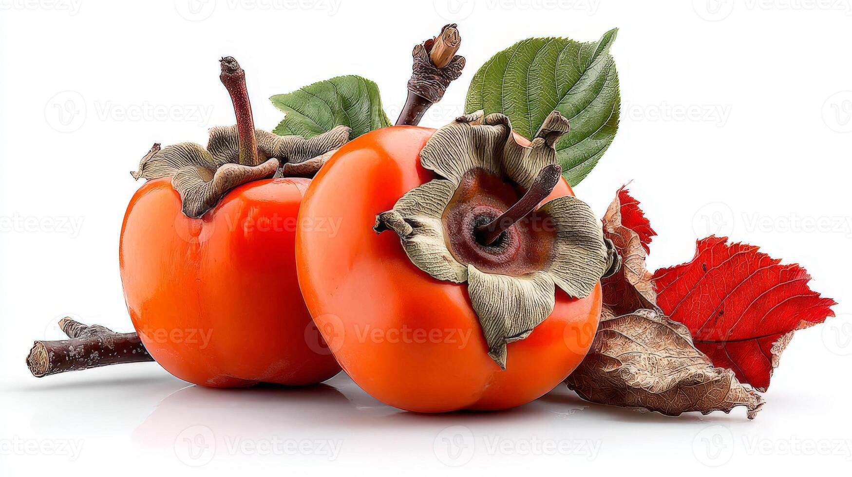 Two Ripe Orange Persimmons with Green and Red Leaves on White Background photo