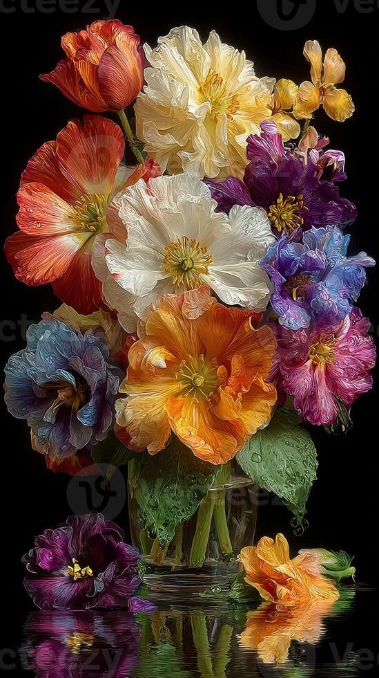 Beautiful bouquet of colorful flowers in a glass vase with droplets on a black background photo