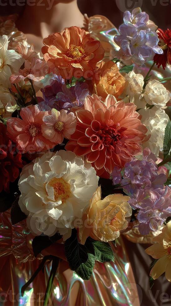 Vibrant floral bouquet held by a person wearing shimmering attire in a soft, warm-lit setting photo