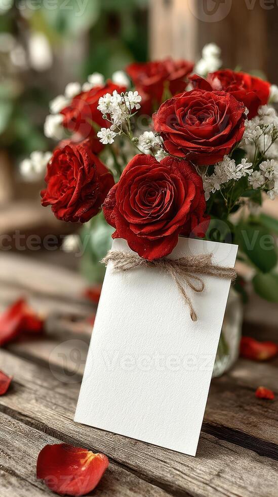Fresh red roses in a bouquet with a blank card on a rustic wooden table setting during daylight photo