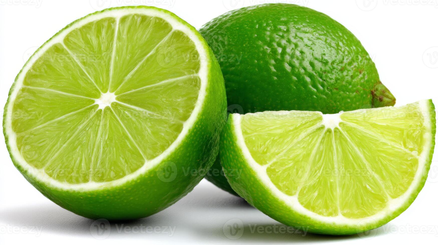 Juicy Green Limes Sliced and Whole on White Background photo