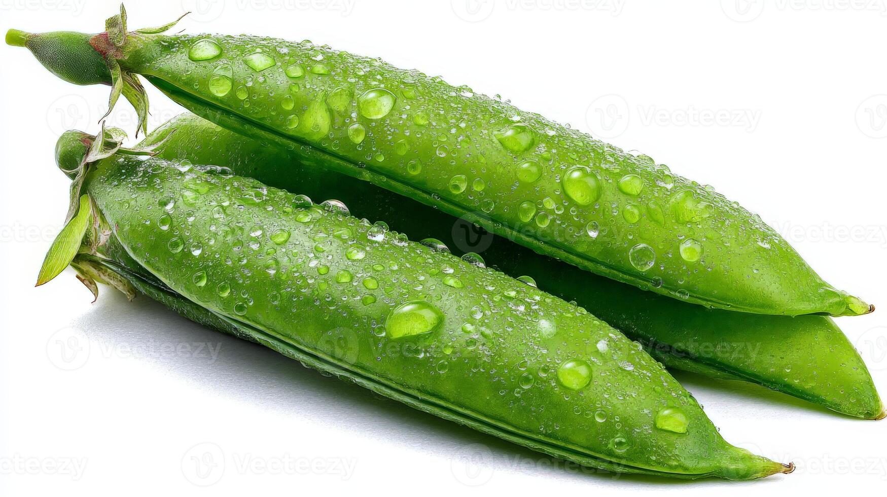 Three Crisp Green Snow Peas with Water Droplets on White Background photo