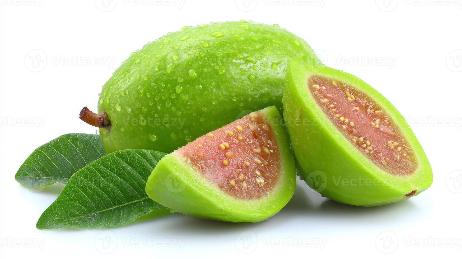 Bright Green Guava Slices and Whole Fruit with Leaves on White Background photo