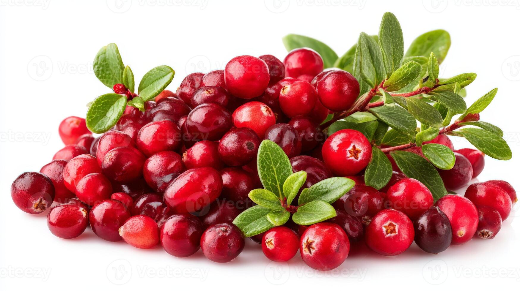 Close up of Juicy Red Cranberries with Green Leaves on White Background photo