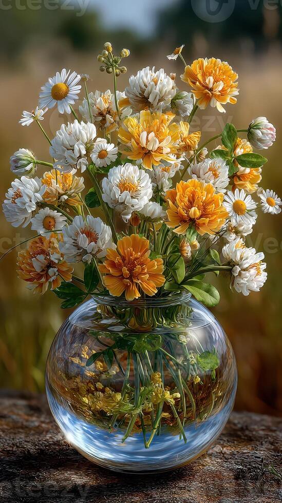 Beautiful bouquet of wildflowers in a clear glass vase set against a sunny backdrop of a meadow in springtime photo