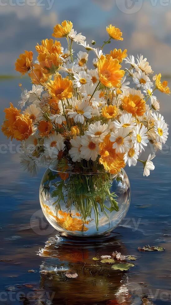 Vibrant bouquet of yellow and white flowers in a glass vase placed on calm water surface at sunset photo