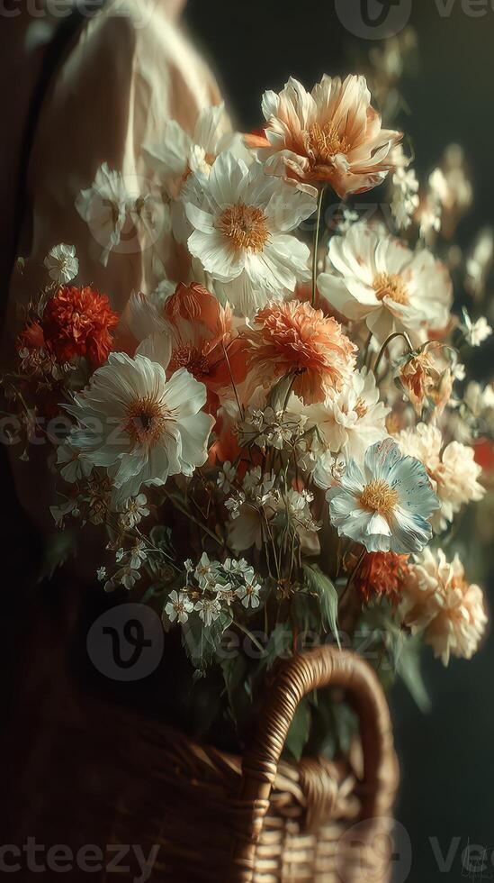 Beautiful floral arrangement featuring vibrant blooms in a woven basket during soft, natural light photo
