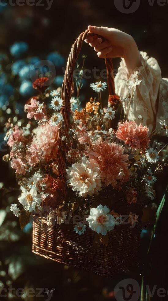 Hand holding a woven basket filled with colorful flowers during a sunny afternoon in a vibrant garden photo
