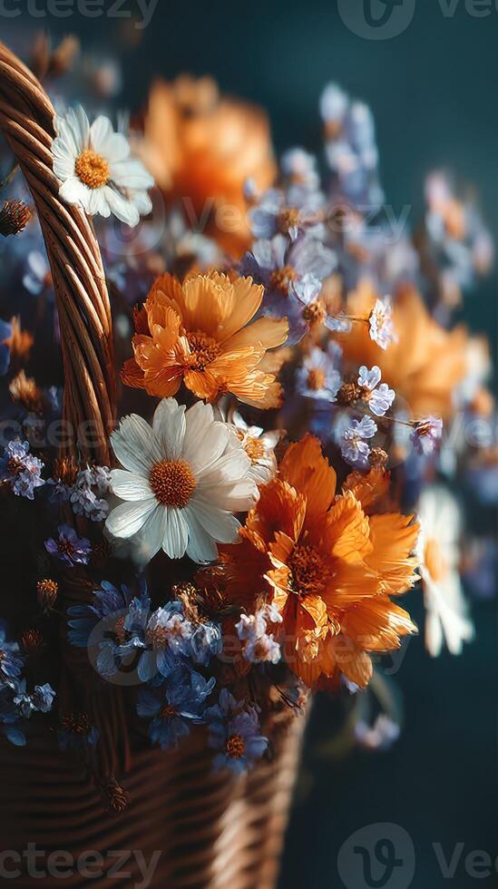 Colorful floral arrangement in a basket showcasing bright blossoms and delicate petals photo