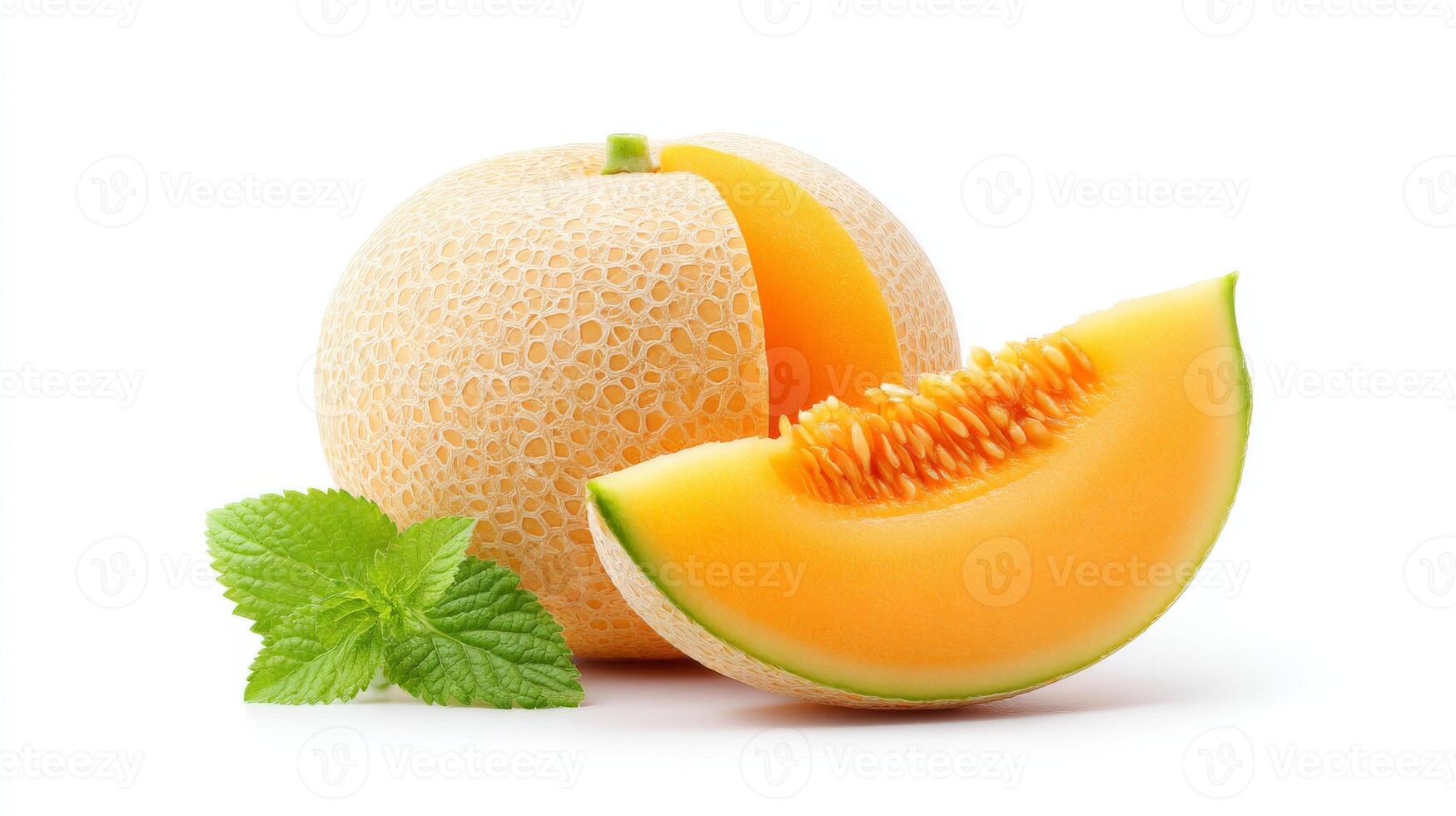 Ripe Cantaloupe Melon Slice with Mint Leaves on White Background photo