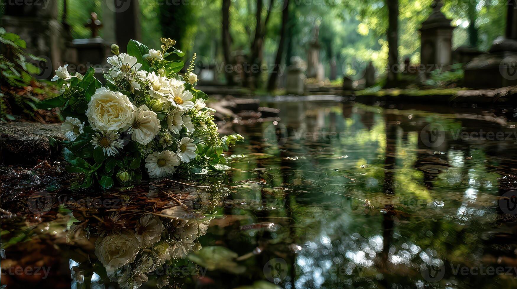 Blooming bouquet floats gently on the water surface in a serene cemetery during a peaceful afternoon photo