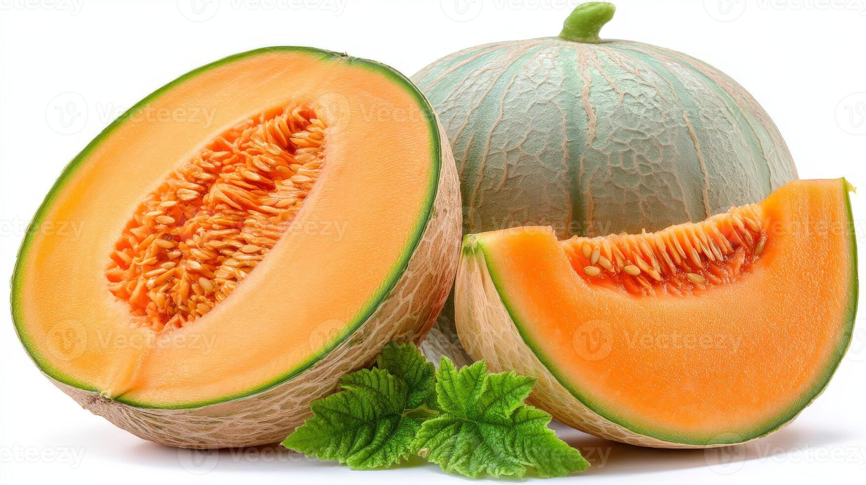Ripe Orange Cantaloupe Halves and Slice on White Background photo