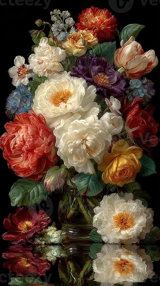 Bouquet of vibrant peonies and roses in a glass vase with rich colors reflecting on a dark background photo