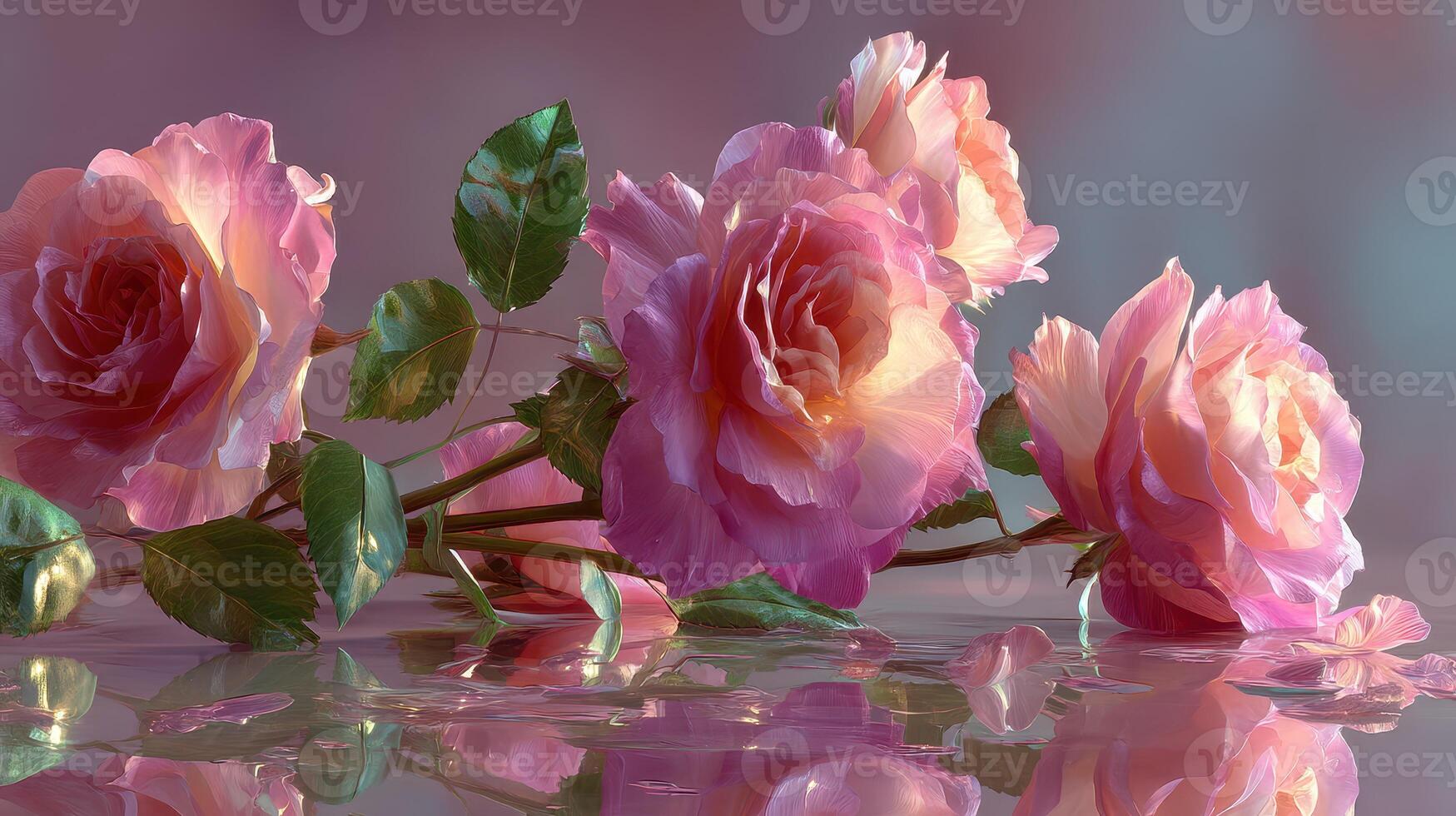 Roses in soft hues reflect in tranquil water, showcasing their delicate beauty in a serene setting photo