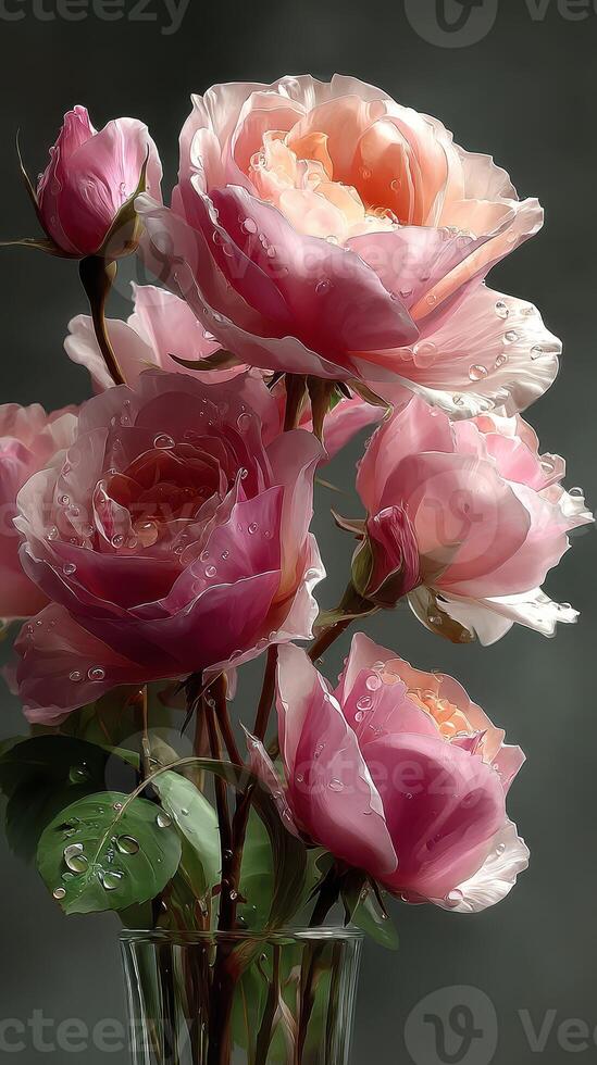 Beautiful pink roses with droplets in a glass vase capturing the essence of spring freshness photo