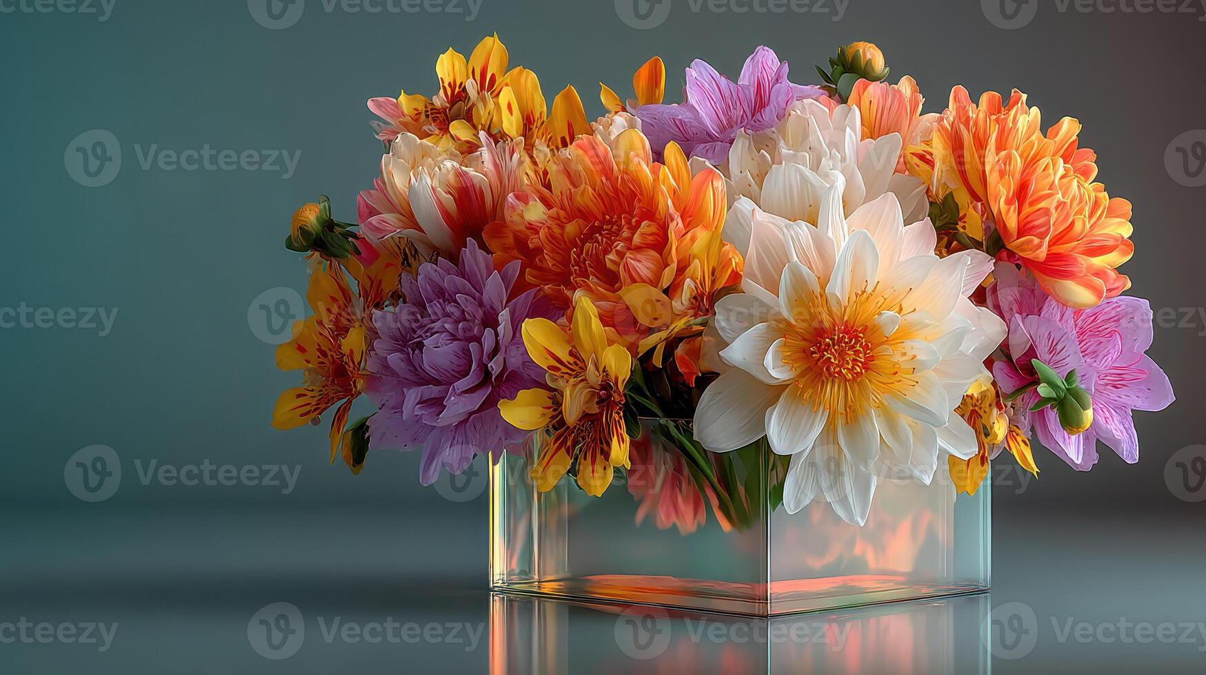 Bright floral arrangement in a glass vase showcasing vibrant blooms and delicate petals photo