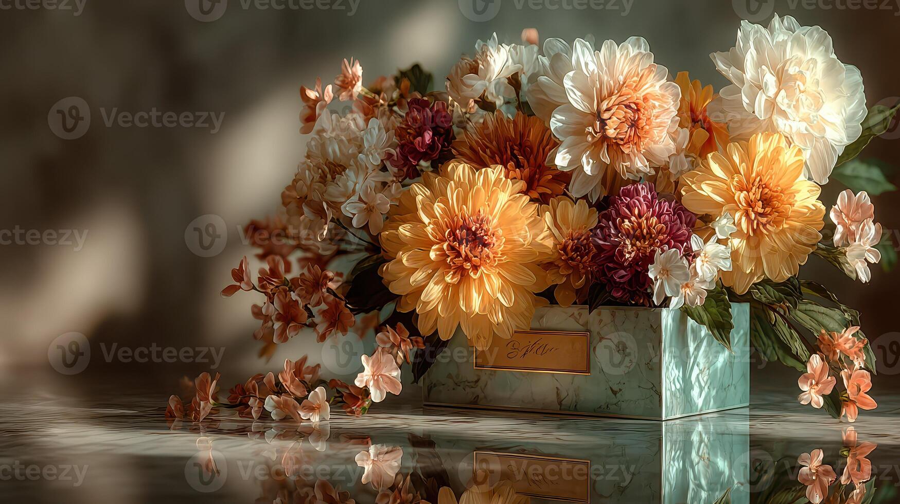 Colorful floral arrangement with autumn hues displayed in a decorative box indoors during afternoon light photo