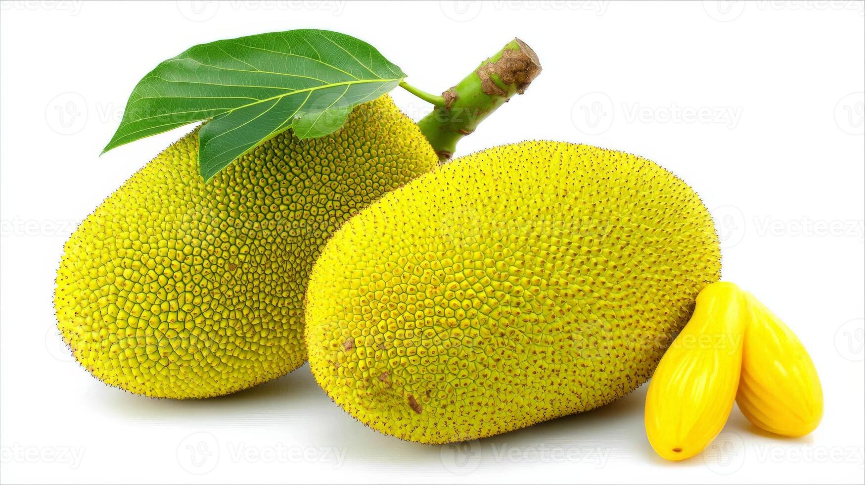 Ripe Yellow Jackfruits with Green Leaf on White Background photo