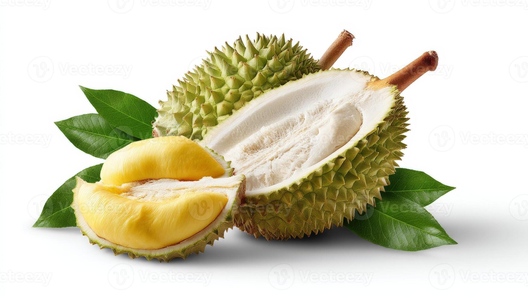 Ripe White Durian Fruit with Leaves on White Background photo