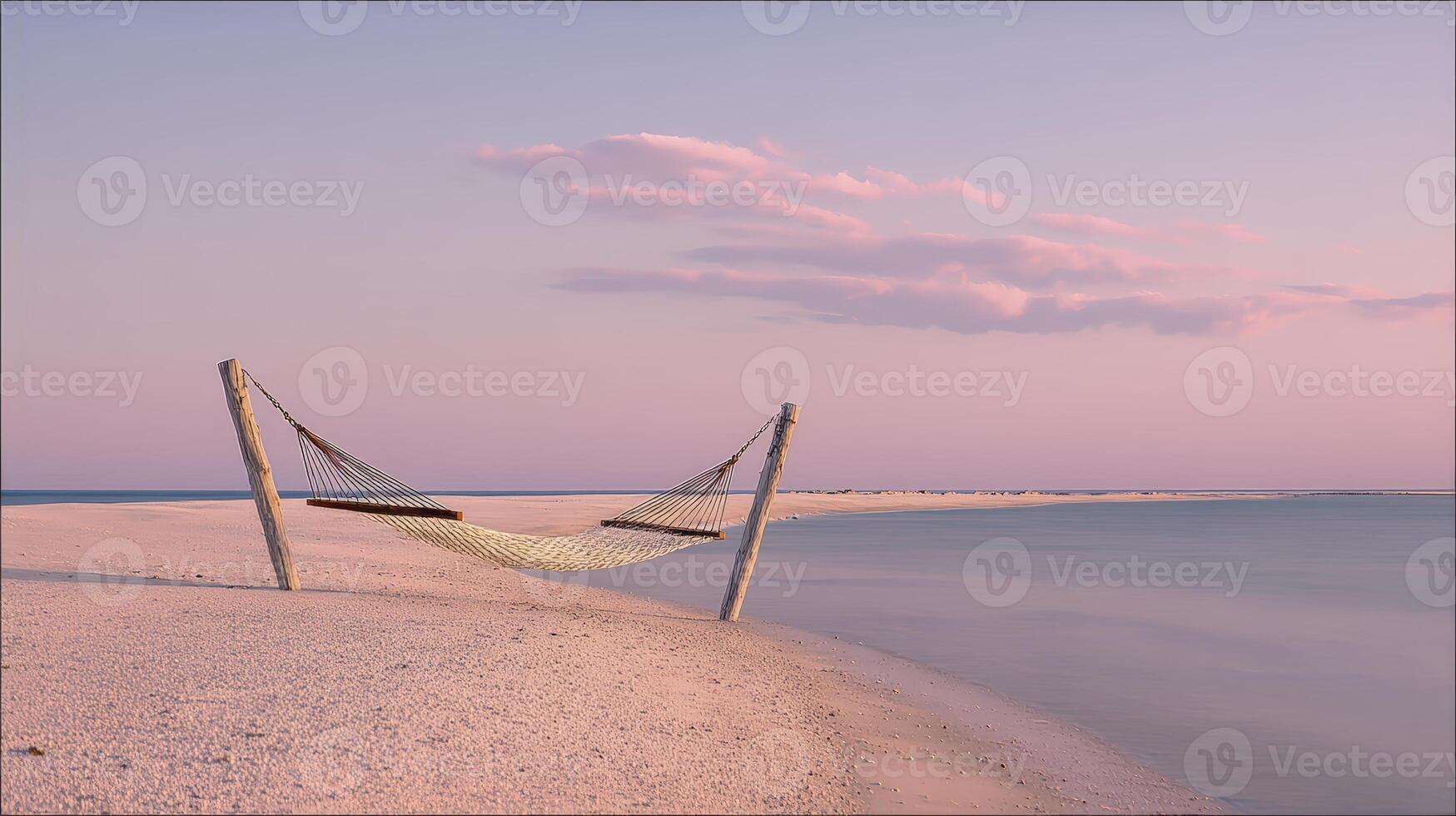 Serene Sunset Beach Hammock Scene Pink Sky, Calm Ocean, Peaceful Shore photo