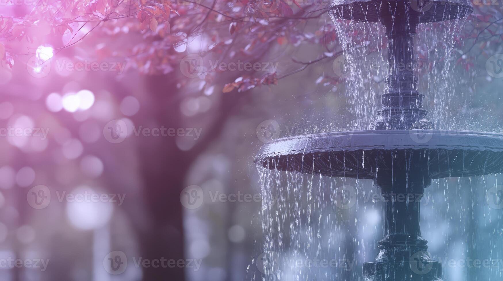 Serene Teal Fountain with Pink Autumn Leaves photo