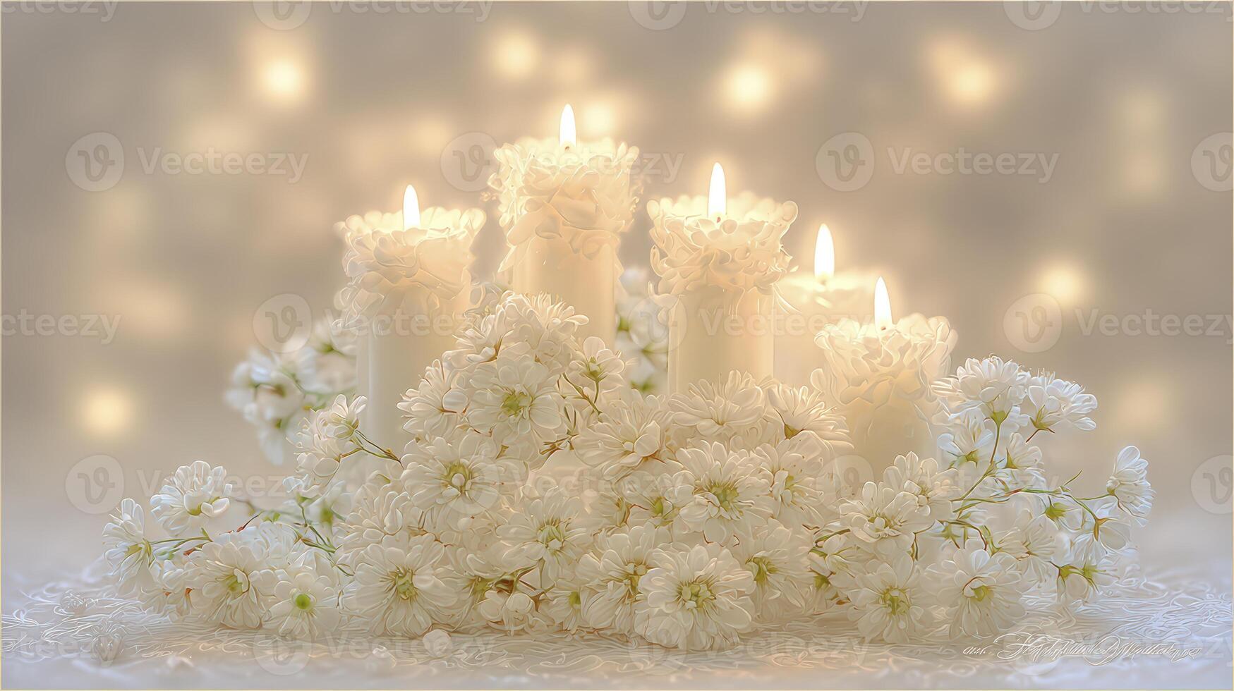 Serene White Candle Arrangement with Blossoms and Soft Bokeh Lighting photo