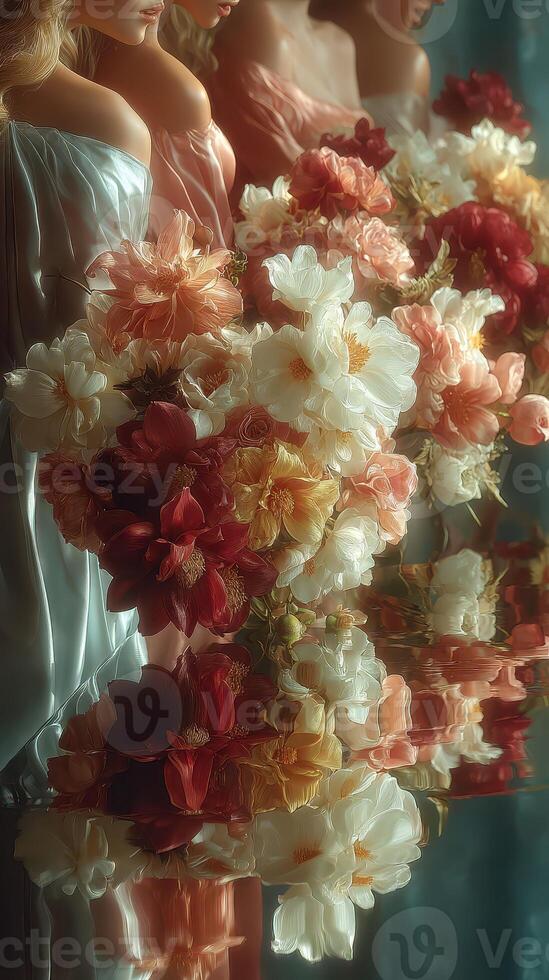 Group of women in elegant gowns holding vibrant flower bouquets reflecting in tranquil water photo