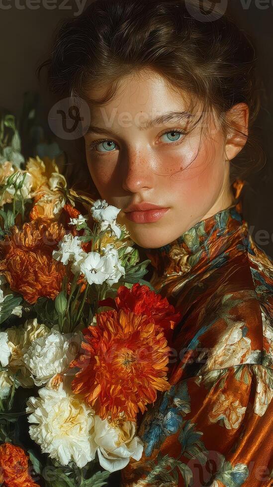Portrait of a young woman with blue eyes holding vibrant flowers in a warm and artistic setting during soft afternoon light photo