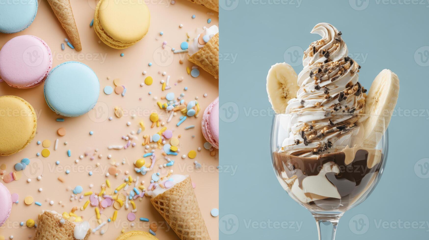 Pastel Macarons and Decadent Banana Split Dessert on a Divided Background photo