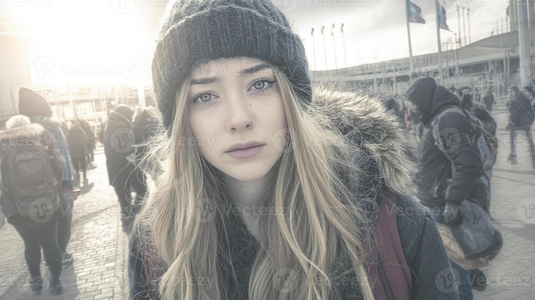 Pensive Young Woman in Winter City Crowd photo