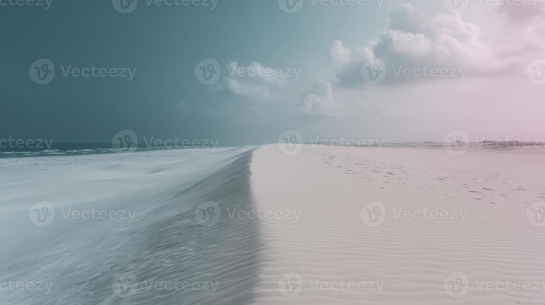 Serene Desert Seascape Teal and Pink Sands Under a Dramatic Sky photo