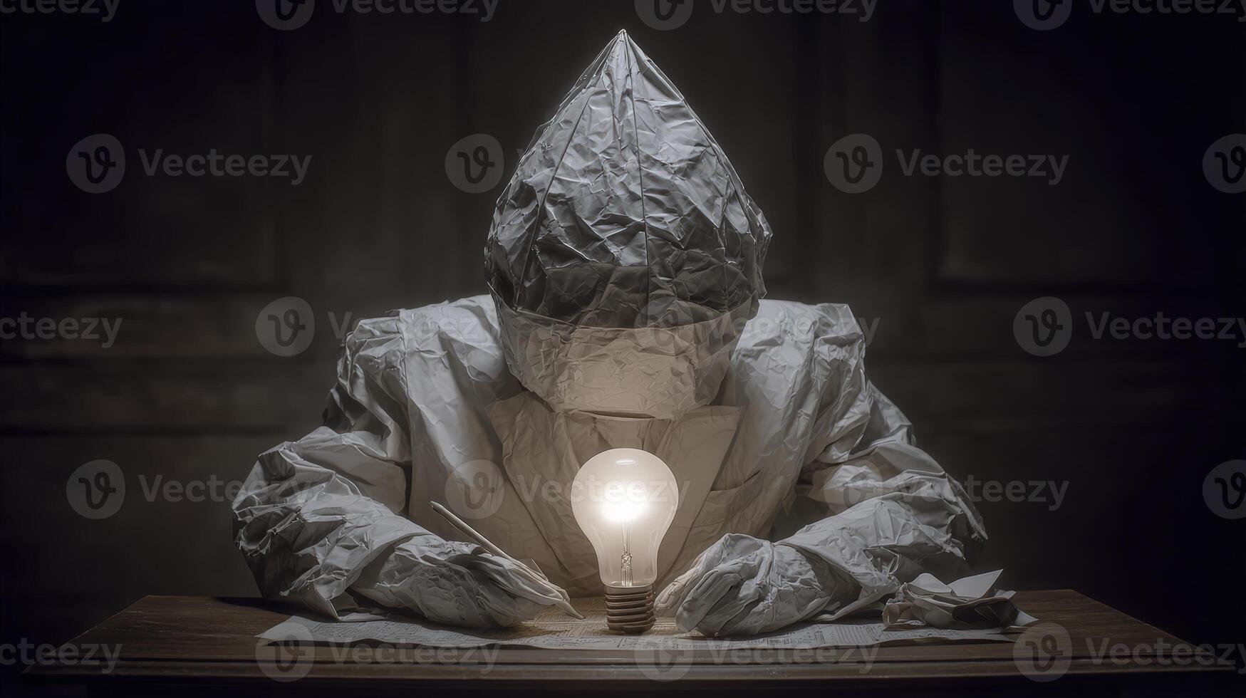 Stone Figure With Lightbulb In Dark Setting photo