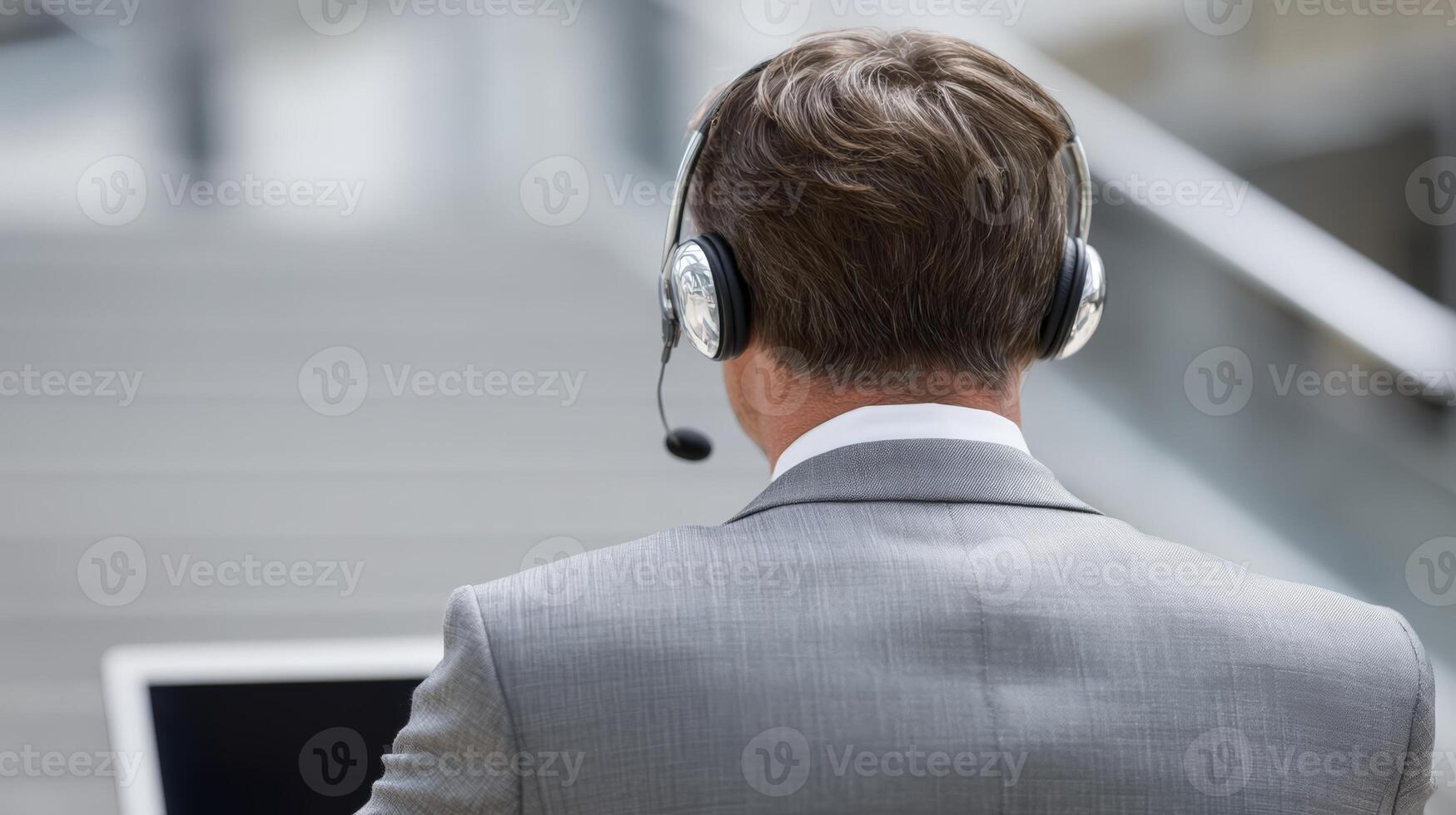 Business Person In Gray Suit Using Laptop And Headset In Modern photo