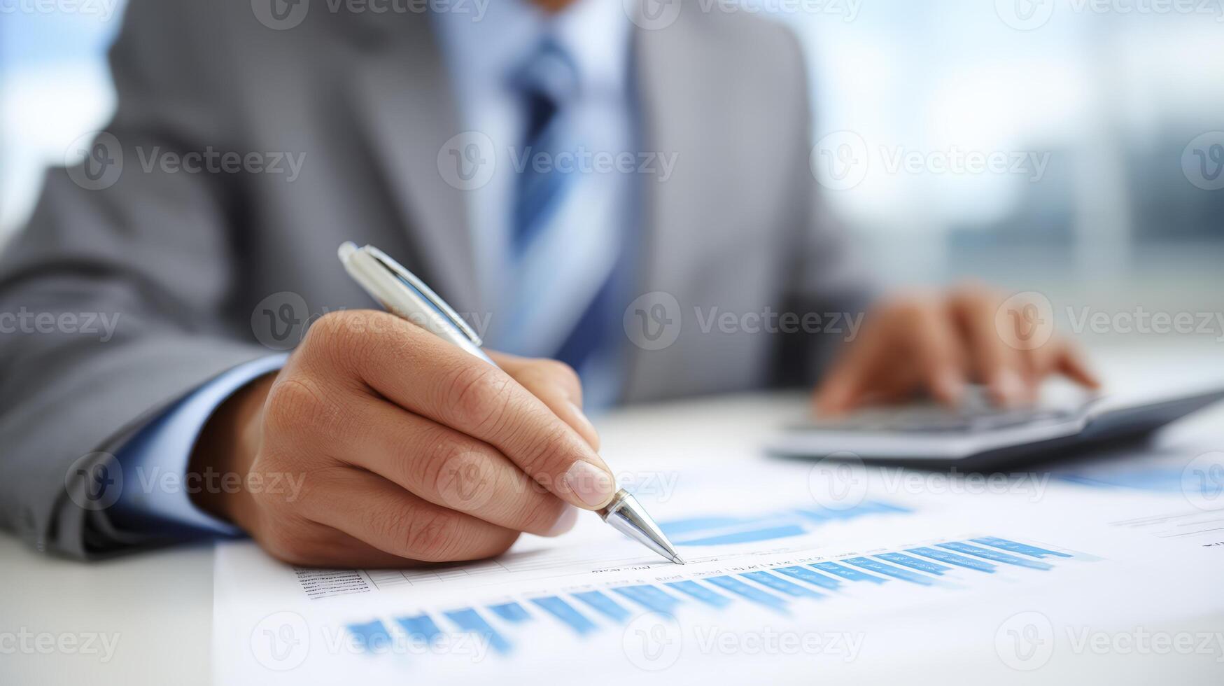 Close Up Of Hands Analyzing Financial Documents With Calculator And photo