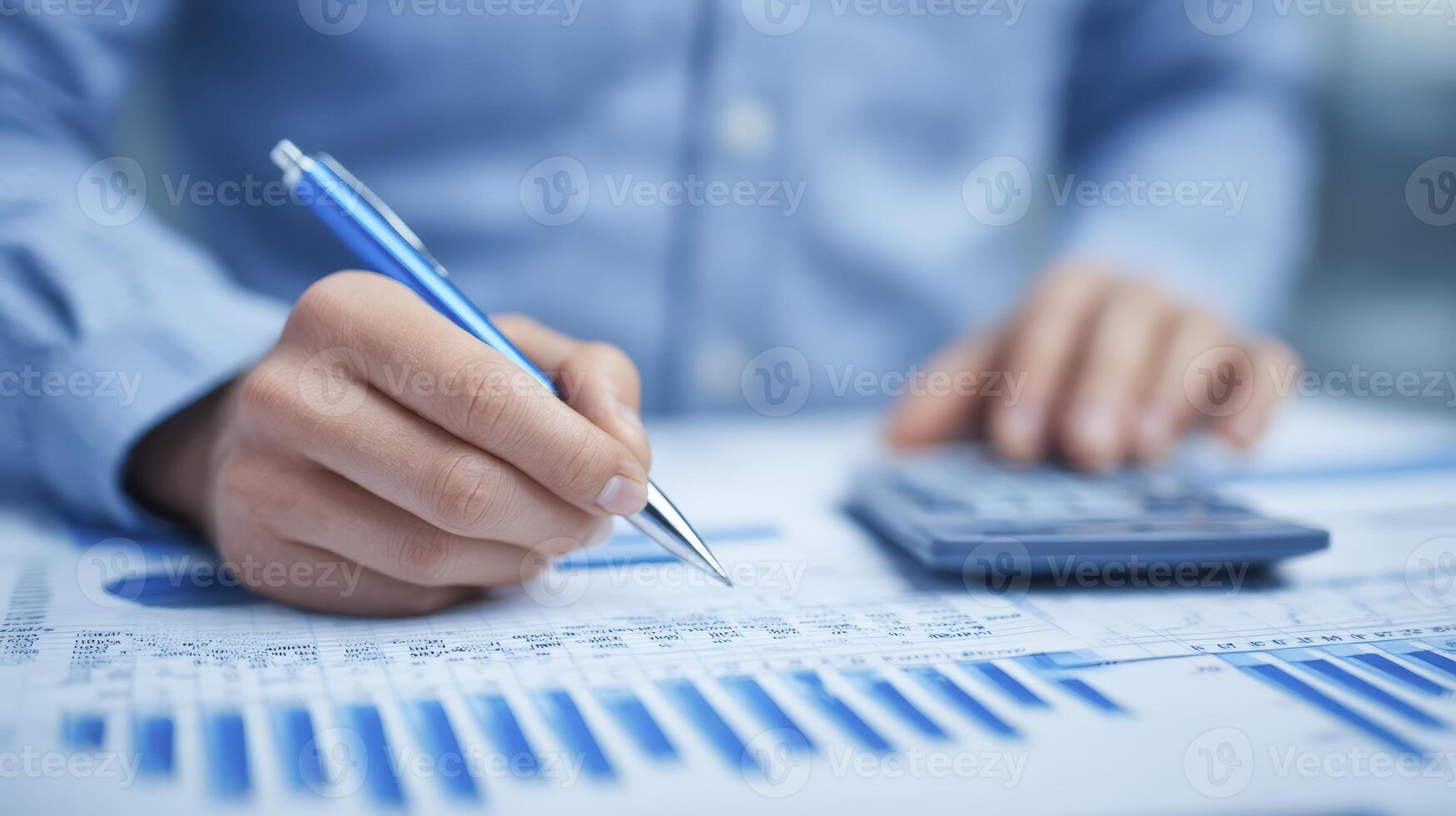 Close up Of Hands Calculating Finances With Calculator And Pen photo