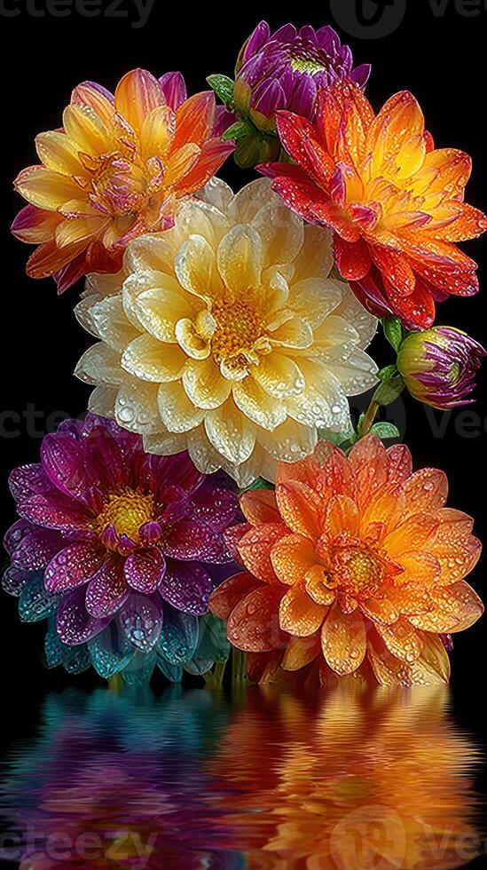 Colorful water droplets on vibrant flowers create a stunning display against a dark background in a close-up view photo