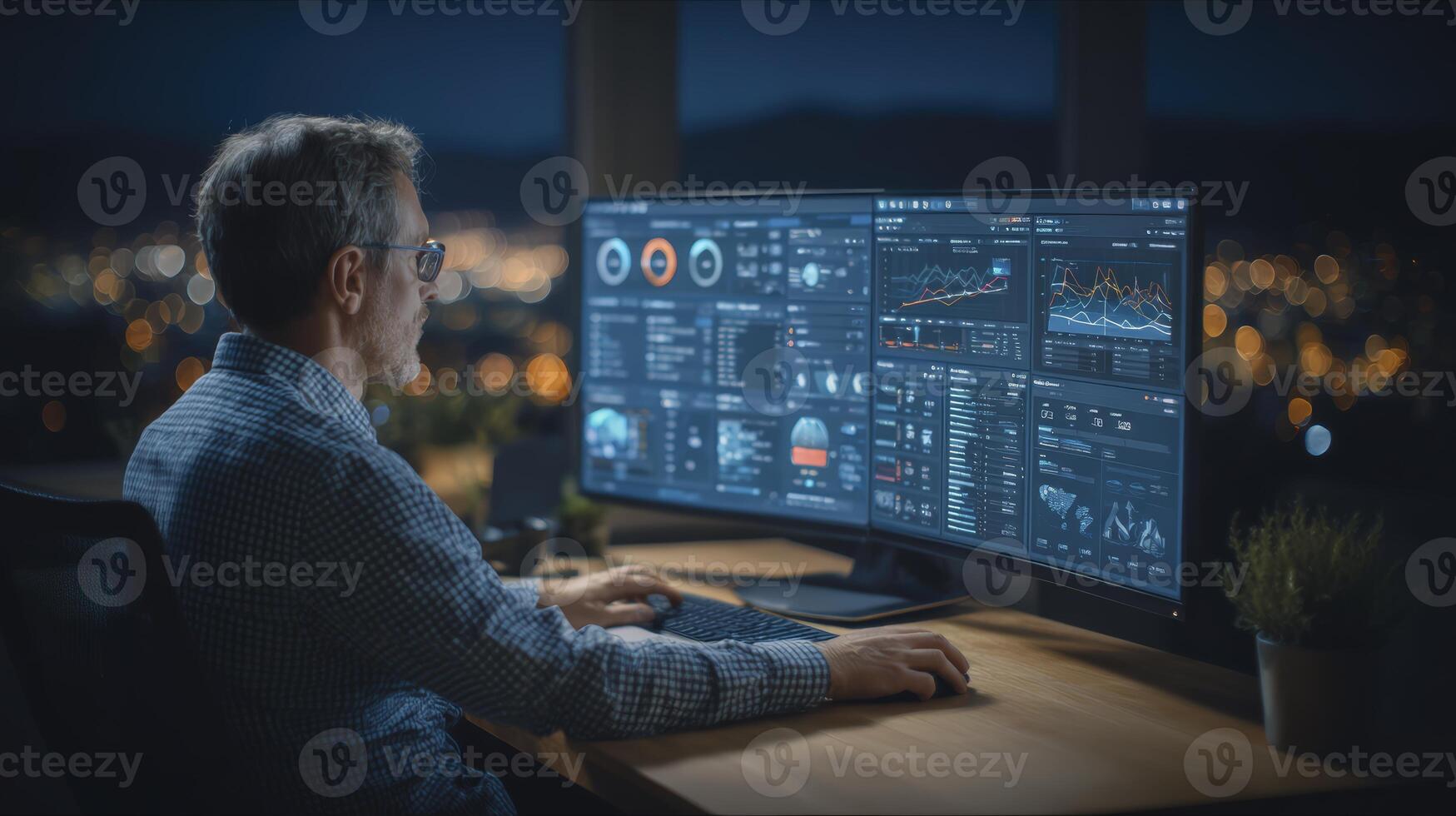 Focused Business Professional Analyzing Data at Night photo