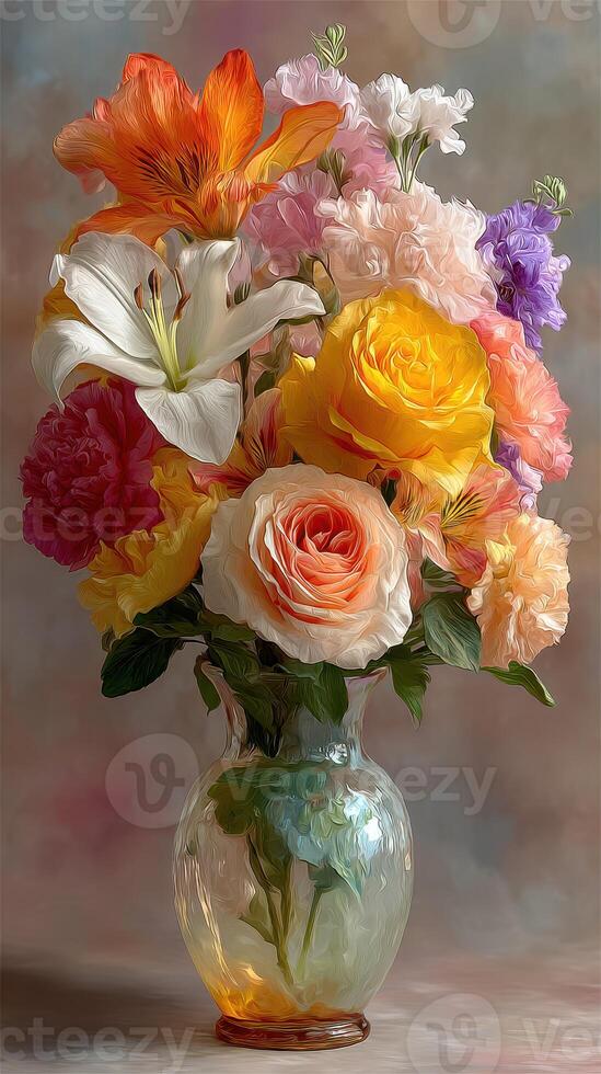 Bright and colorful bouquet of fresh flowers in an elegant vase displayed indoors photo