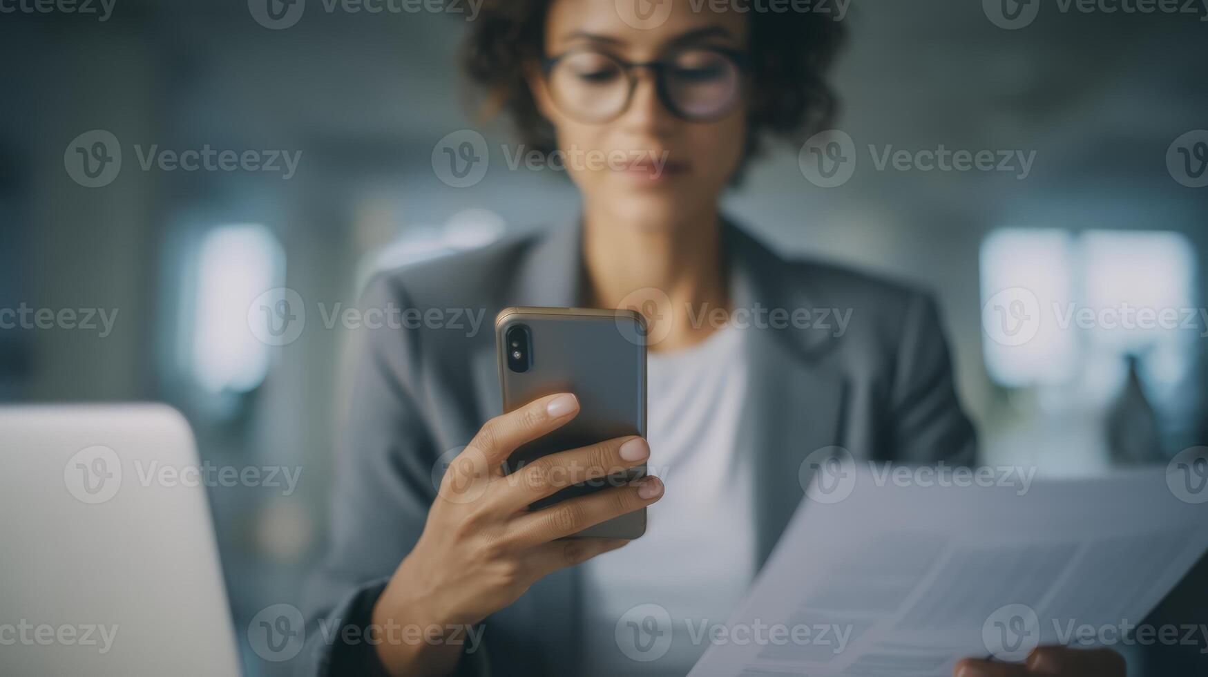 Businessperson Reviewing Documents On Mobile Device photo