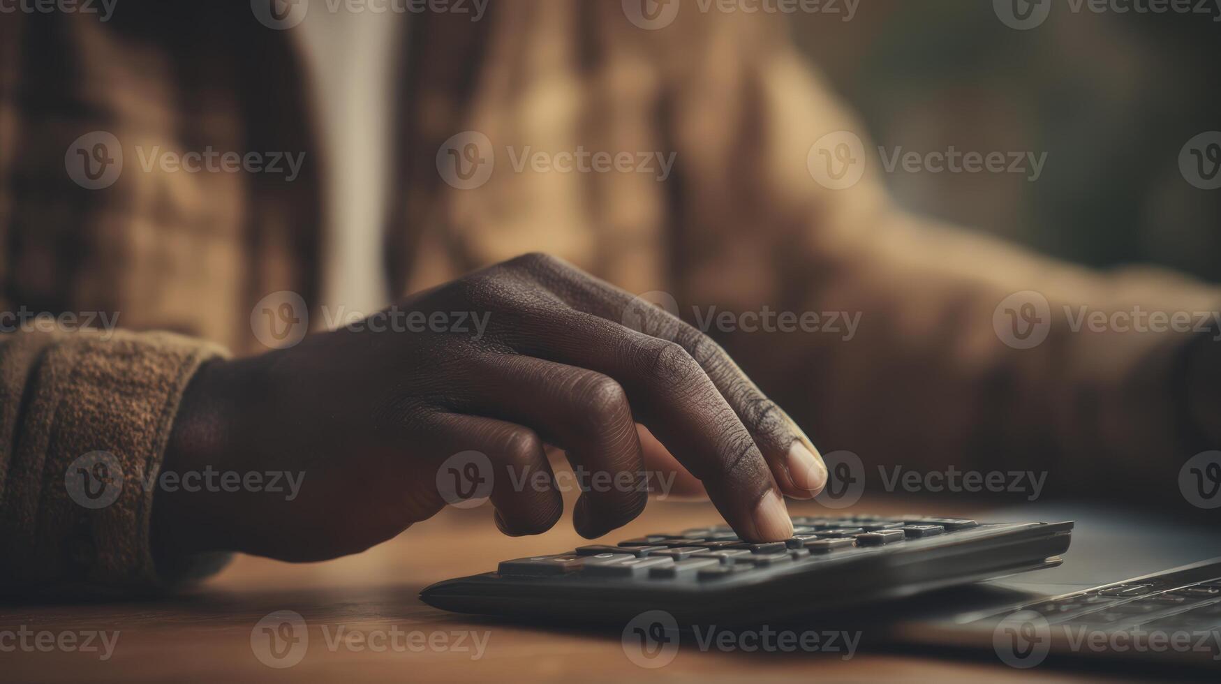 Close up of Hands Using a Calculator on a Wooden Desk photo