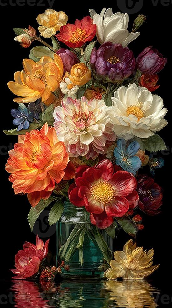 Vibrant floral arrangement in a glass vase showcasing colorful blossoms against a dark background in spring photo