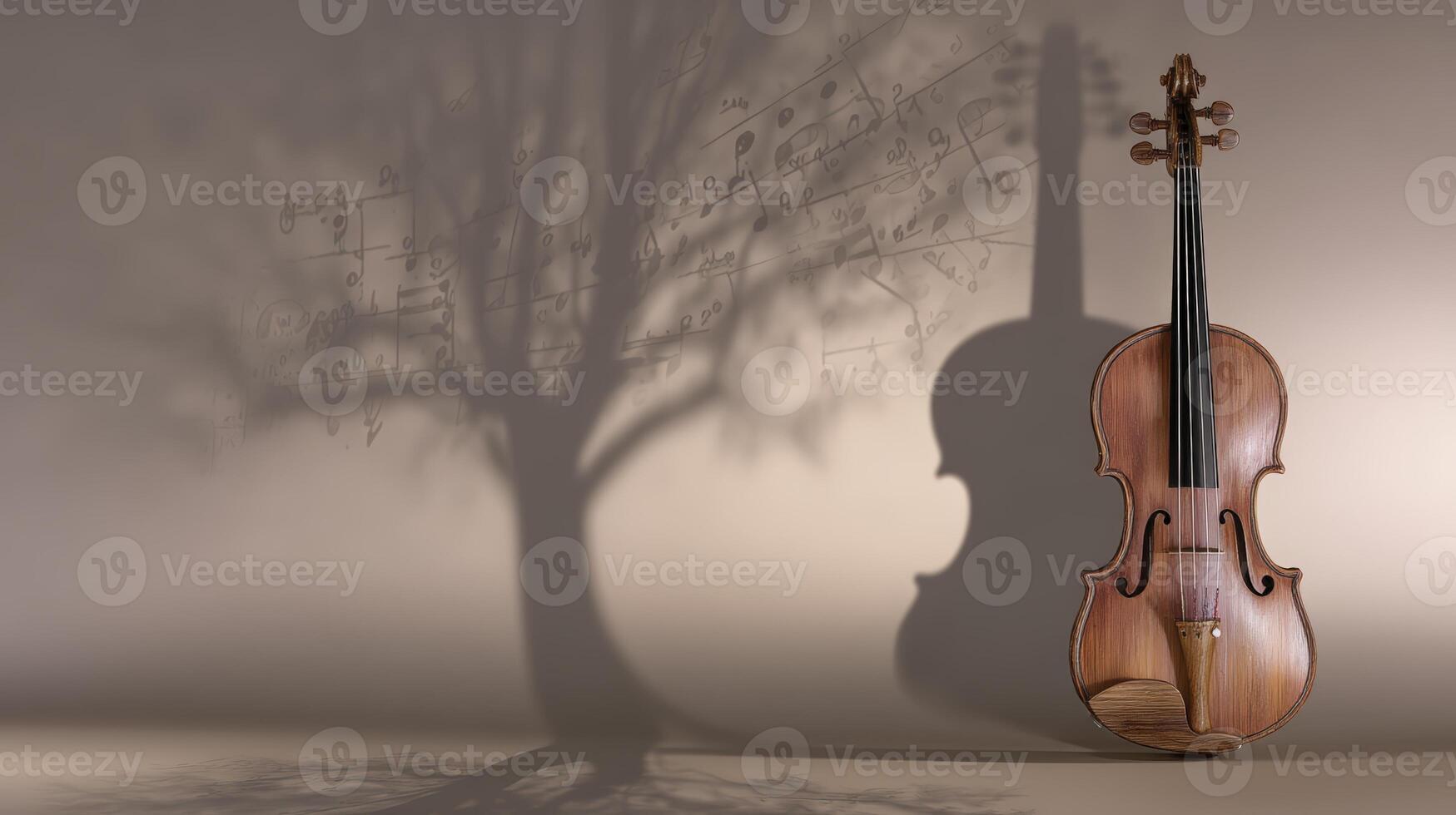 Wooden Violin with Musical Note Tree Shadow on Grey Background photo