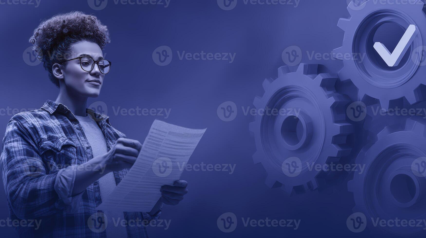Business Professional Reviewing Documents Amidst Gears Project photo
